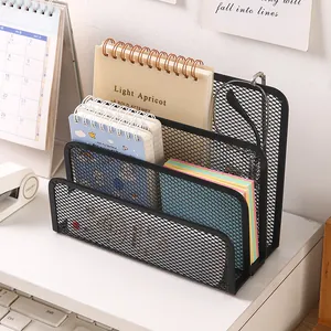 Black metal mesh desk organizer with 3 tiers for office documents and notebooks