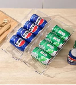 Transparent beverage can organizer for fridge with gravity slide design.