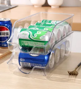 Close-up of a stacked transparent plastic can organizer for refrigerator beverage storage