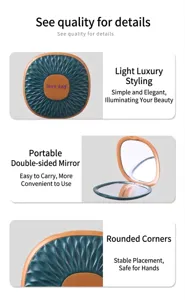 Detailed close-ups of portable folding makeup mirror with dual-sided glass and textured shell