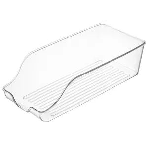 Clear food-grade refrigerator storage bin with slanted opening for soda cans and fruits