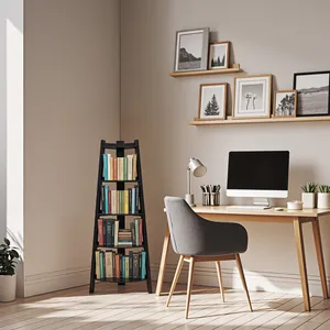Bibliothèque d'angle en échelle dans un bureau à domicile minimaliste avec livres