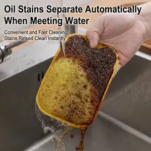 Double-sided wood pulp cotton cleaning sponge showing fast oil separation under running water