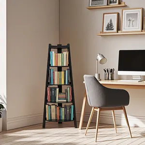 Bibliothèque d'angle moderne nordique noire pour rangement dans un bureau au style épuré.