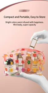 Close-up of a transparent floral makeup bag filled with various cosmetic bottles