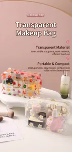 Detailed view of transparent waterproof makeup bags with red and white floral patterns