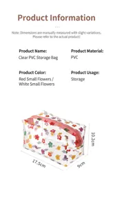 Detailed view of a floral transparent PVC cosmetic bag showing product size measurements