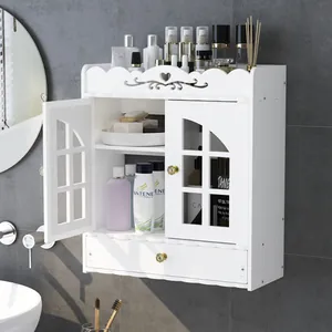 White wall-mounted bathroom storage cabinet with doors and drawer organizer