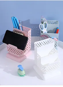 Detailed view of hollow multi-layer desk organizer with integrated phone stand.