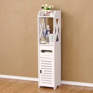 Slim white multi-tier bathroom storage cabinet with open shelves and tissue dispenser