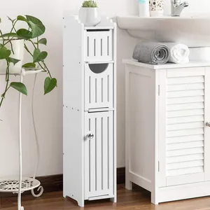 Slim white multi-tier bathroom storage cabinet in a modern home interior setting