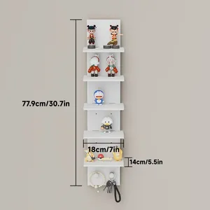 Modern white multi-tier floating wall shelf for figurine display with dimension labels