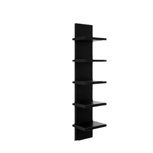 Modern vertical black floating wall shelf unit with five storage tiers for home