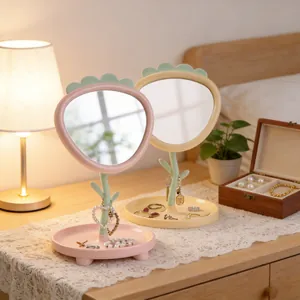 Cute Strawberry Flower Desktop Makeup Mirror With Jewelry Storage Tray Base Decorative Table Cosmetic Mirror For Dorm Bedroom Women
