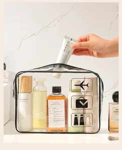 Borsa da toilette trasparente in PVC per viaggi con cerniera nera e icone organizzative
