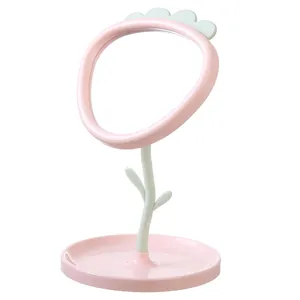 Cute strawberry flower desk makeup mirror with pink vanity storage base