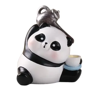 Süße Miniatur-Panda-Harzfigur mit Teekanne und Tasse für kreative Schreibtischdekoration