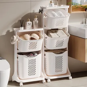 Chariot Organisateur Panier à Linge Mobile en Plastique Étagère Ajourée Avec Roues Universelles Pour Salle de Bain Maison