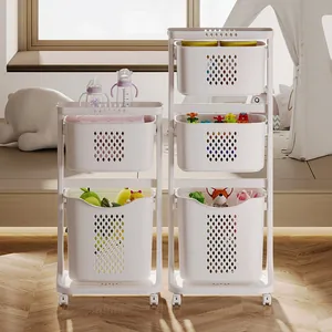 Organisateur de panier à linge mobile blanc à plusieurs niveaux pour rangement salle de bain