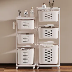 Panier à linge mobile en plastique à plusieurs niveaux avec bacs de tri pour la salle de bain