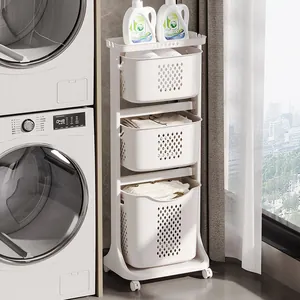 Chariot à linge mobile à 3 niveaux avec étagère de rangement pour salle de bain