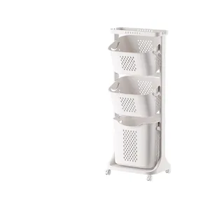 Chariot de rangement à 3 niveaux pour linge en plastique blanc avec roues pour salle de bain