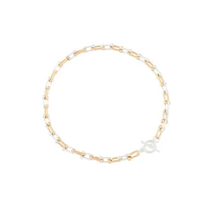 Two-tone silver and gold U-link chain necklace with a T-bar toggle clasp detail