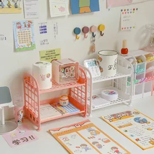 Weißer und rosa zweistöckiger Kunststoff-Schreibtisch-Organizer mit Gitterdesign