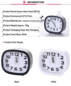 Detailed view of minimalist square-round desktop alarm clock in black and white finish