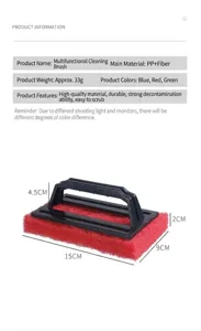 Detailed view of multifunctional cleaning brush showing dimensions 15cm x 9cm x 4.5cm