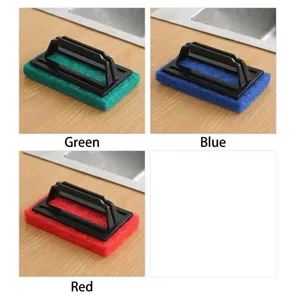 Detail view of thickened cleaning sponges with ergonomic handles in green blue and red