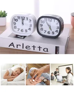 Close-up of minimalist square-rounded alarm clocks with usage scenario panels