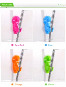 Detailed view of the vacuum suction cup shower head holders in four vibrant colors