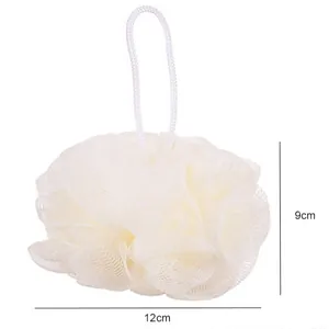 Large white mesh bath sponge loofah with hanging loop and 12x9cm dimensions shown