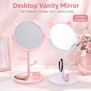 Süßer Katzenohr Desktop-Make-up-Spiegel Hochauflösender Rotierender Schminkspiegel Mit Schmuckhaken Aufbewahrungsbasis Für Damen