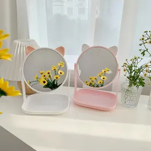 Süßer Katzenohr Desktop Make-up Spiegel Drehbar Einseitig High Definition Spiegel Mit Aufbewahrungsschale Schminktisch Deko