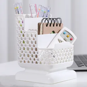 Minimalist white 3-tier hollow desktop organizer and plastic pen holder for office study desk