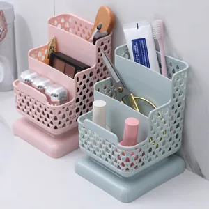 Multi-functional tiered hollow desktop storage boxes in pink and blue for makeup