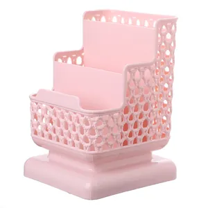 Pink 3-tier plastic desk organizer with hollow lace design for stationery and cosmetics