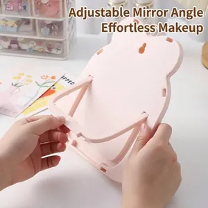 Pink cute bow desktop makeup mirror with adjustable foldable stand for college dorm vanity table