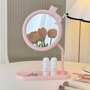 Semplice Specchio da Trucco da Scrivania con Orecchie di Gatto e Base per Gioielli Telaio in Plastica Specchio da Toeletta Portatile per Donna