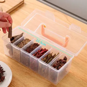Transparent 6-compartment spice organizer box with secure lid and handle, 23.5cm length