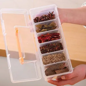 Clear 6-compartment spice storage box with airtight lid and orange latch kitchen organizer