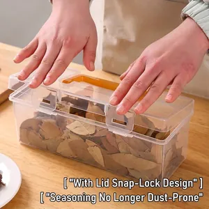 Large transparent airtight spice storage box with buckle lid and handle for kitchen