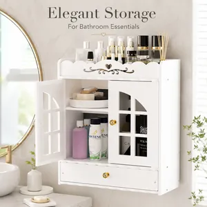 Wall Mounted Bathroom Storage Cabinet White PVC Waterproof Drawer Rack Multi Layer Hollow Organizer For Home Washroom Decor