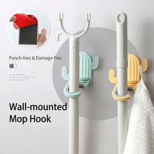 Cactus Mop Holder Wall Mounted Hook Punch Free Broom Organizer Rack Bathroom Utility Hook Heavy Duty Adhesive Holder