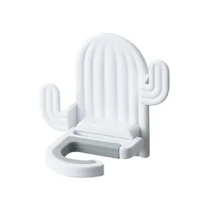 Creative white cactus-shaped wall-mounted mop holder with non-slip grey grip