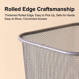 Silver square metal mesh trash bin with thickened smooth rolled rim detail