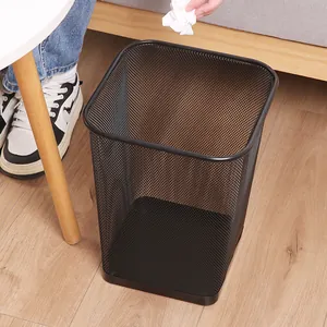 Durable square black wire mesh trash can for office waste and home bathroom use.