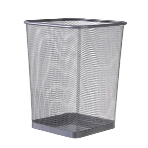Durable silver square metal mesh wastebasket for office and home workspace organization.